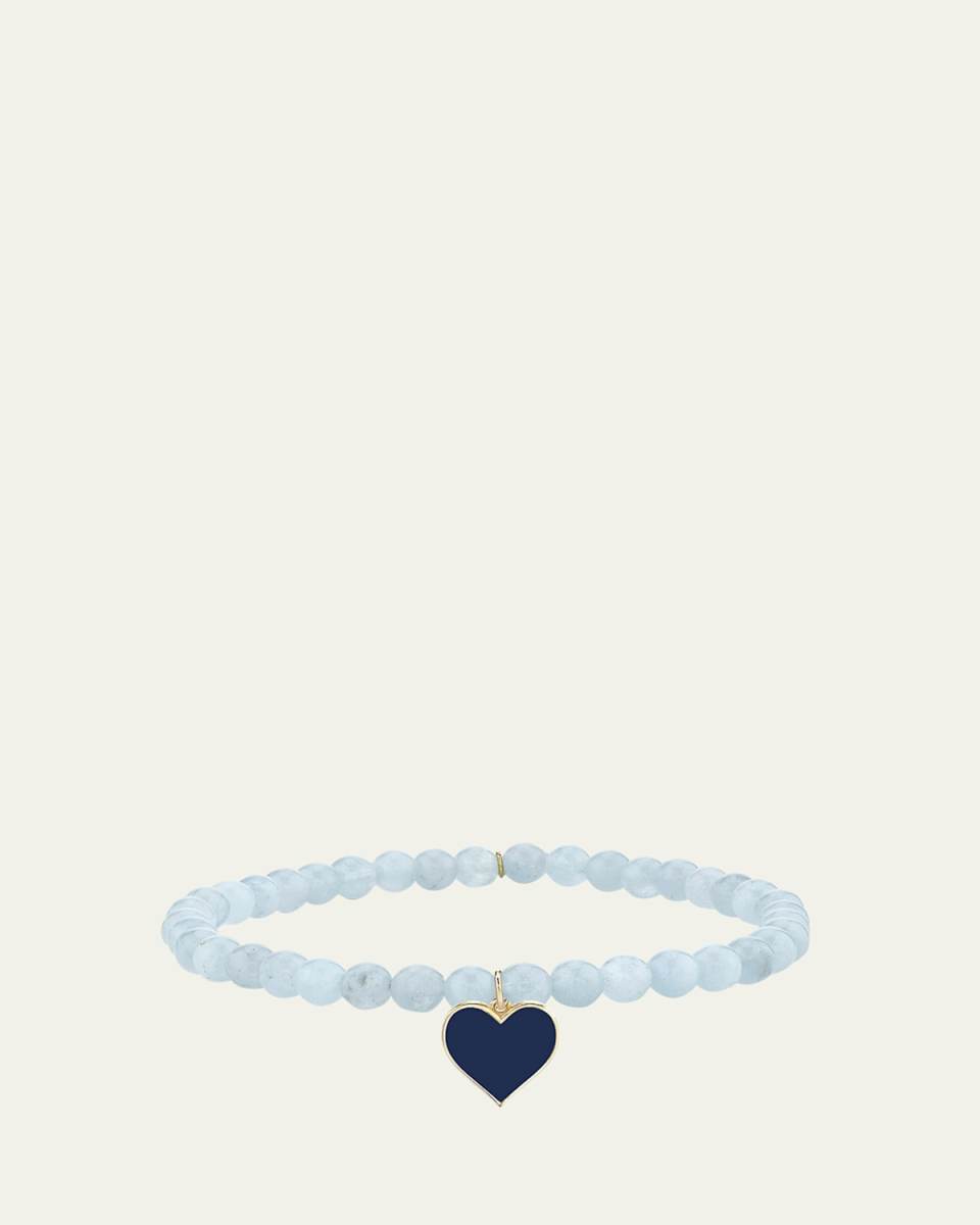 14K Gold & Enamel Heart on Aquamarine Beaded Bracelet